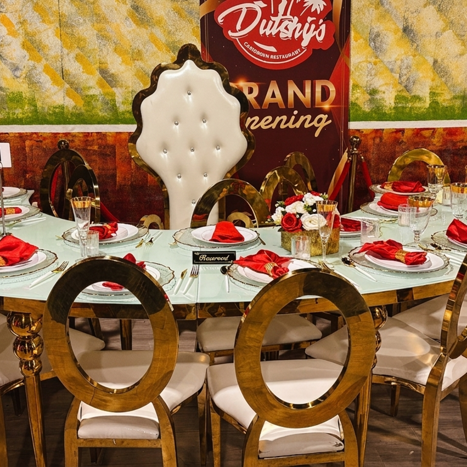 Elegant Cambodian restaurant dining room with a fully set table, red napkins, floral centerpieces, and ornate gold chairs.