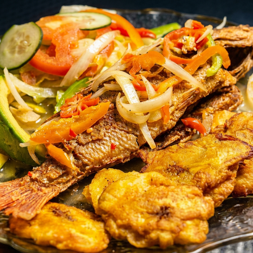 Platter of fried fish and golden fritters topped with peppers and onions, served with avocado, cucumber, tomato, and lime.