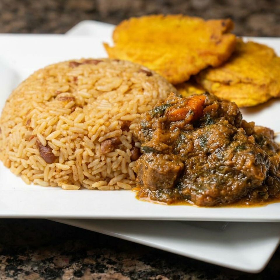 Plate of seasoned rice, savory mushroom stew, and golden fried plantains on a white square dish.