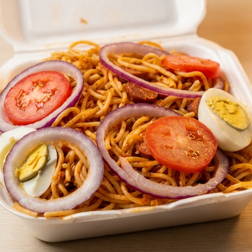 Takeout container filled with saucy noodles, sliced tomatoes, red onion rings, boiled egg, and sausage on a wooden table.