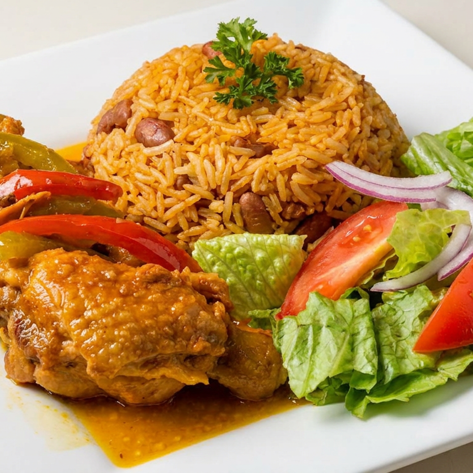 Plate of seasoned rice with beans, saucy chicken and peppers, accompanied by lettuce, tomato, and red onion salad.