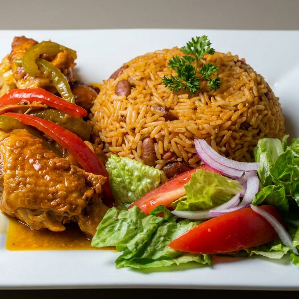 Plate of seasoned rice with beans, sauced chicken and peppers, garnished with parsley, alongside lettuce, tomato, and onion salad.
