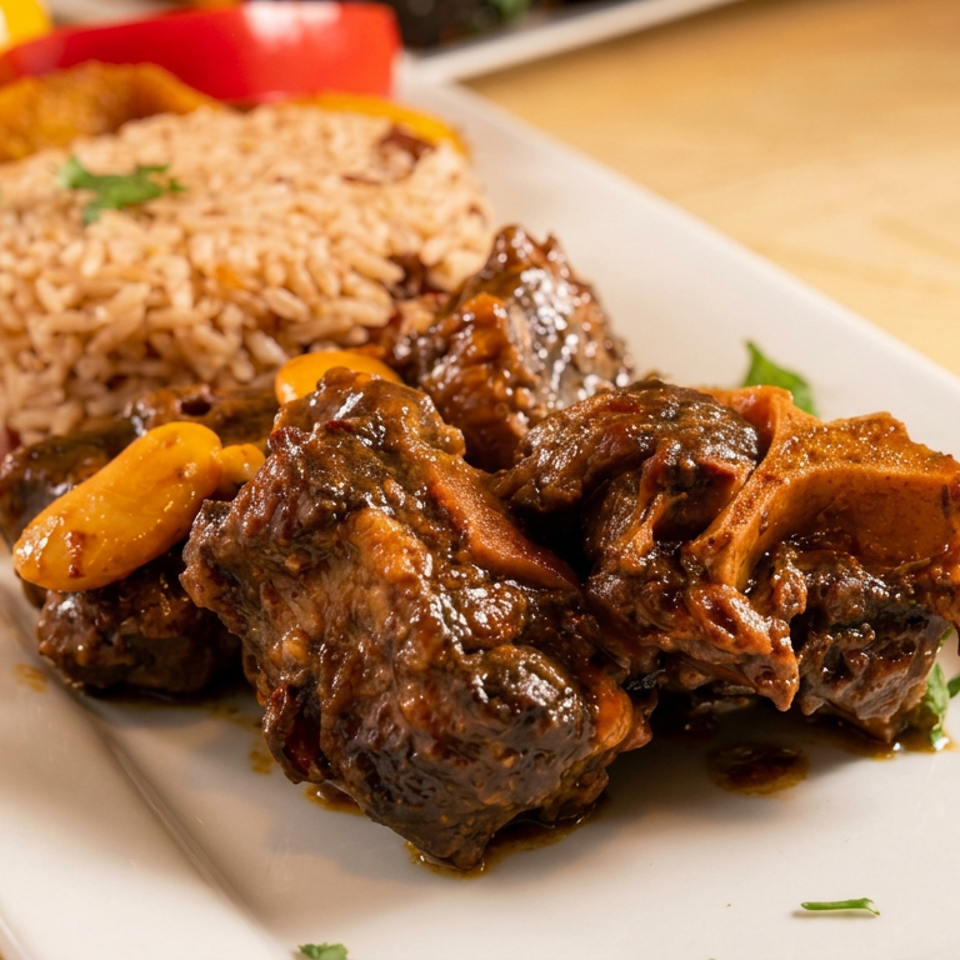 Braised beef with peppers and rice served on a white rectangular plate.