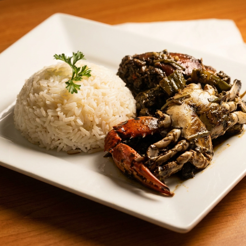 White plate of seasoned rice and saucy crab served on a wooden table.